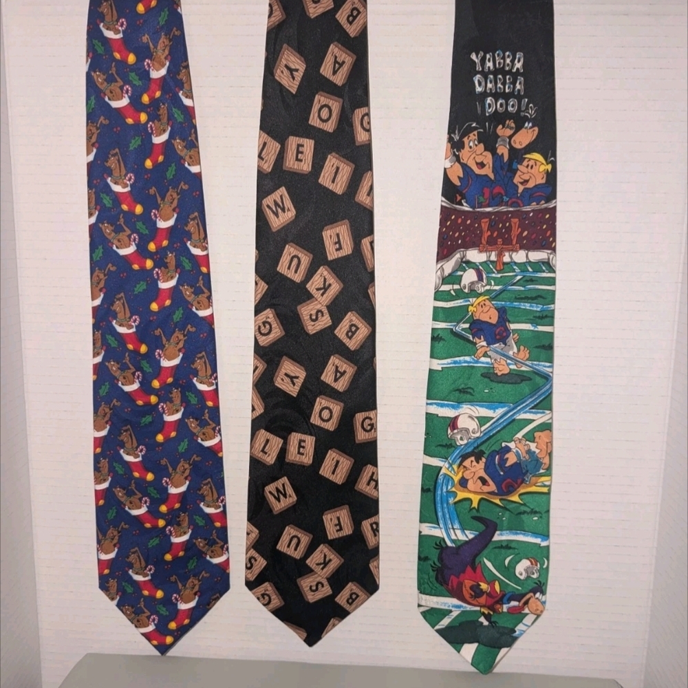 Vintage 1990's Cartoon Theme Neck Ties Set Of 3 Scooby Doo,Flintstones, Scrabble